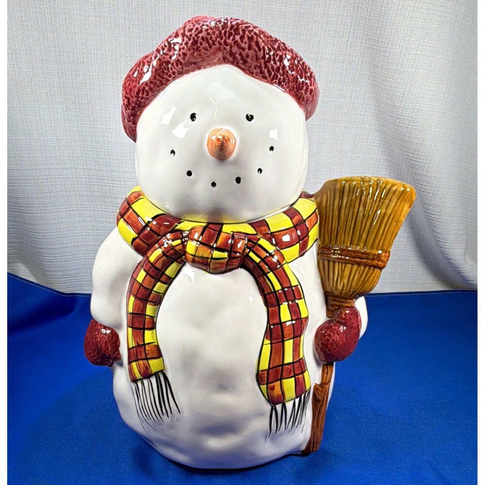 Ceramic/Porcelain Snowman Cookie Jar w/ Lid Plaid Scarf Broom Holiday